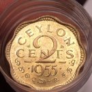 Rare Unc Roll (40 Coins) Ceylon 1955 2 Cents~Scalloped~Awesome~Free Shipping