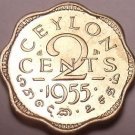 Gem Unc Ceylon 1955 2 Cents~Excellent~Over 55 Years Old~Scalloped~Free Shipping