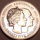 Rare Silver Proof Cayman Islands 1972 $25~Elizabeth And Phillip 25th Year~Fr/Shi