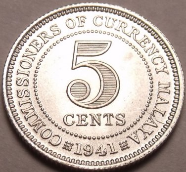 Gem Bu Rare Silver Malaya 1941 5 Cents~King George VI~Free Shipping