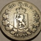 Rare Norway Silver 1877 50 Ore~1st Year Minted This Type~Scarce~Free Shipping~