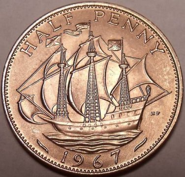 Gem Unc Great Britain 1967 Half Penny~The Golden Hind~Fantastic~Free Shipping