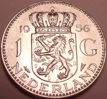 Unc Silver Netherlands 1956 Gulden~Edge Incription~GOD BE WITH US~Free Shipping