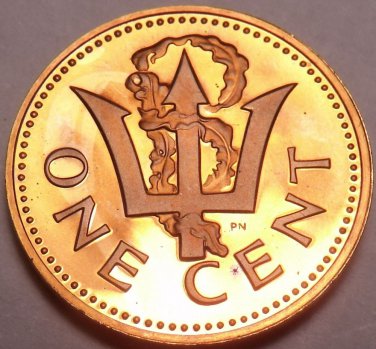 Cameo Proof Barbados 1975 Cent~Only 20,000 Minted~Trident~Free Shipping
