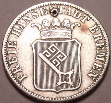 Scarce Silver Breman German States 1859 12 Grote (1/6th Thaler)~Free Shipping