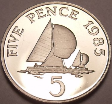 Extremely Rare Cameo Proof Guernsey 1985 5 Pence~2,500 Minted~Sailboats~Free Shi