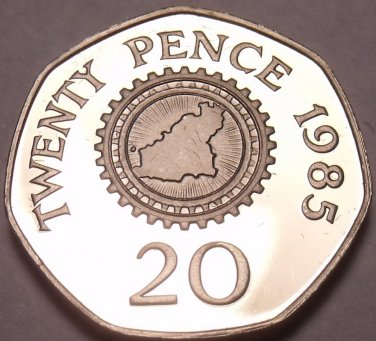 Extremely Rare Cameo Proof Guernsey 1985 20 Pence~2,500 Minted~Cogwheel~Fr/Ship