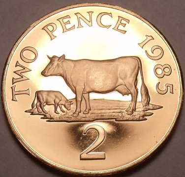 Extremely Rare Cameo Proof Guernsey 1985 2 Pence~2,500 Minted~Guernsey Cows~Fr/S