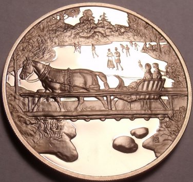 Solid Bronze Proof Franklin Mint Medallion~Winter Magic~Horse Pulling Sleigh~F/S