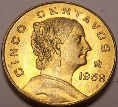 Unc Mexico 1968 5 Centavos~Brass Coin~White Josefa~Free Shipping