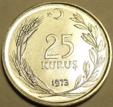 Gem Unc Turkey 1973 25 Kurus~Stainless Steel~Excellent~Free Shipping*
