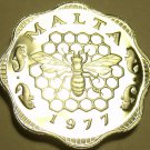 Rare Cameo Proof Malta 1977 3 Mils~Bee and Honeycomb~Only 6,884 Minted~Free Ship
