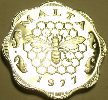 Rare Cameo Proof Malta 1977 3 Mils~Bee and Honeycomb~Only 6,884 Minted~Free Ship