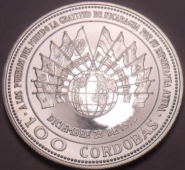 Extremely Rare Silver Proof Nicaragua 1975 100 Cordobas~Earthquake~Free Shipping