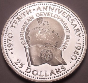 Exremely Rare Silver Proof Belize 1980 $25~Caribbean Development~2,647 Minted~FS
