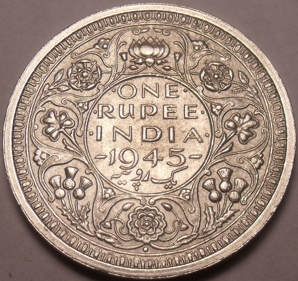 Huge Rare Gem Unc Silver India 1945 Rupee~Large Date Variety~Free Shipping