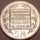 Gem Unc Silver Sweden 1966-U 5 Kronor~100th Anniv of Constitution Reform~Fr/Ship