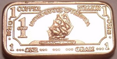 Gem Unc .999 Pure Copper 1 Gram Ship With Sails Bar~Free Shipping