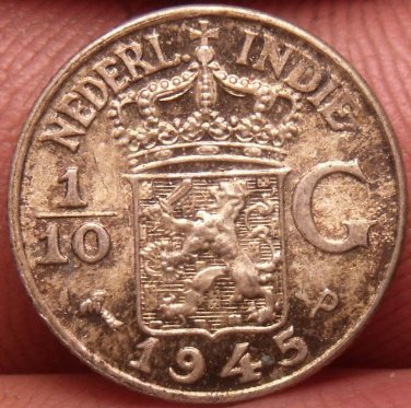 Unc Silver Netherlands East Indies 1945-P 1/10th Gulden~We Have Unc Silver~Fr/Sh