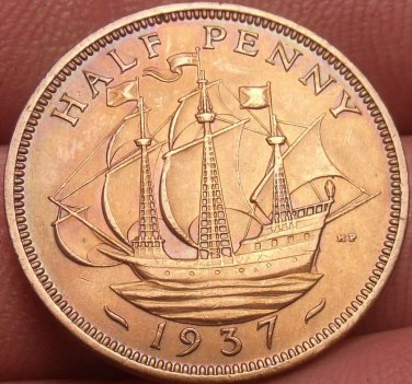 Gem Unc Great Britain 1937 Half Penny~The Golden Hind~1st Year Ever~Free Ship