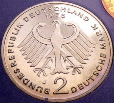Gem Cameo Proof Germany 1975-J 2 Marks~Konrad Adenauer~43k Minted~Free Shipping