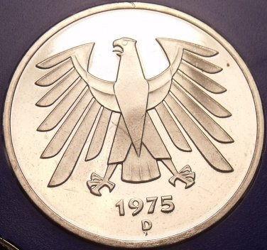 Gem Cameo Proof Germany 1975-D 5 Marks~Eagle With 14 Feathers~43k Minted~Free Sh