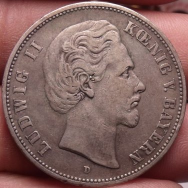 Rare Silver Bavaria (German States) 1876-D 5 Marks~Excellent~Free Shipping