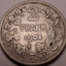 Scarce Rare Silver Belgium 1904 2 Frank~1st Year Ever Minted~Dutch Legend~Fr/Shi