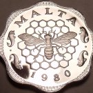 Rare Cameo Proof Malta 1980 3 Mils~Bee And Honeycomb~Only 3,451 Minted~Free Ship