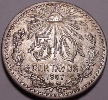 Large Silver Mexico 1907 50 Centavos~Curved 7 Variety~Free Shipping