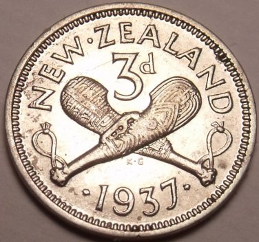 Gem Unc Silver New Zealand 1937 3 Pence~1st Year Ever Minted This Type~Free Ship