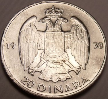 Silver Yugoslavia 1938 20 Dinara~Double Headed Eagle~Awesome~Free Shipping