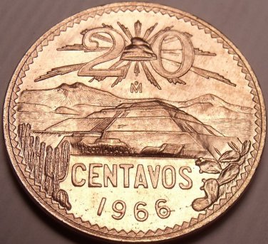 Large Gem Unc Mexico 1966 20 Centavos~Volcanos Ixtaccihuatl and Popocatepet~FS*