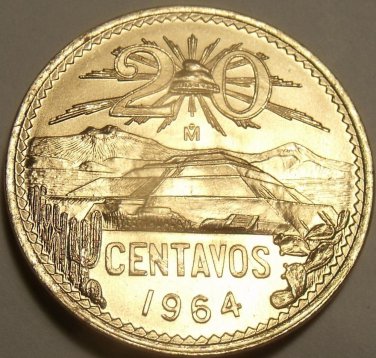 Large Gem Unc Mexico 1964 20 Centavos~Volcanos Ixtaccihuatl and Popocatepet~FS*