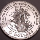 Cameo Silver Proof Bahamas 1992 $5 Discover Of The New World~25,000 Minted~Fr/Sh
