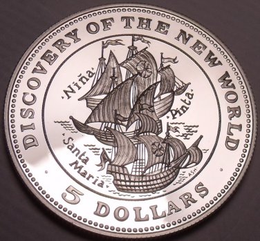 Cameo Silver Proof Bahamas 1992 $5 Discover Of The New World~25,000 Minted~Fr/Sh