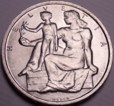 Rare Gem Bu Silver Switzerland 1948-B 5 Francs~TheLord Will Provide~Free Ship