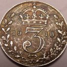 Silver Great Britain 1918 3 Pence~Free Shipping* Silver Great Britain 1918 3 Pence~Free Shipping*
