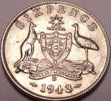 Unc Silver Australia 1943-D 6 Pence~Over 70 Years Old~Free Shipping