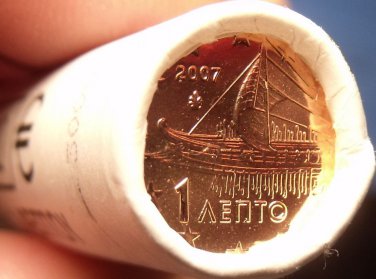 Gem Unc Original Roll (50) Greece 2007 1 Euro Cents~Ancient Athenian Trireme~F/S