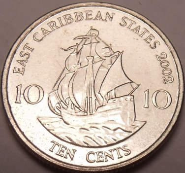 Gem Unc East Caribbean States 2002 10 Cents~Sir Frances Drakes Golden Hind~Fr/Sh