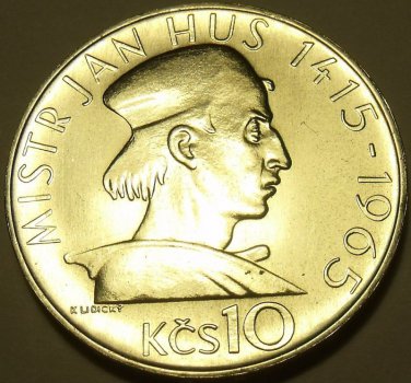 Rare Unc Silver Czechoslovakia 1965 10 Korun~550th anniv~Death Of Jan Hus~Fr/Sh