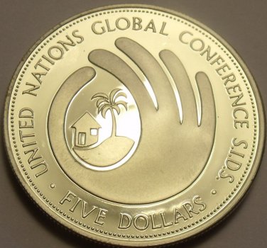 Exremely Rare Silver Proof Barbados 1994 $5.00~SIDS Conference~2,000 Minted~F/S
