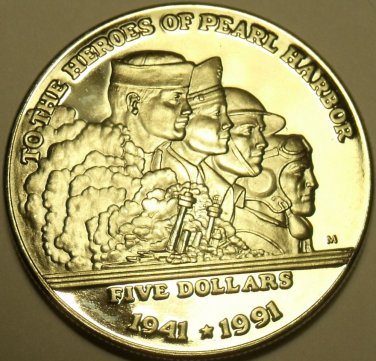 Gem Unc Marshall Islands 1991 5 Dollars~ToThe Heroes Of Pearl Harbor~Free Ship