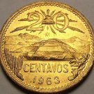 Gem Unc Mexico 1963 20 Centavos~Pyramid Of The Sun & Volcanos~Free Shipping