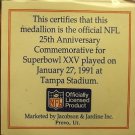 Super Bowl 25 Tampa Official Gem Unc Medallion~Giants Over Bills~COA~Free Ship