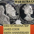 Saint Helena 2002 Silver 50 Pence~James Cook 500th Anniv~NGC PR-68 UC~Highest~FS