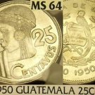 Guatemala 1950 25 Centavos~NGC MS-64~Rare 81k Minted~POP=1~1st Year Ever~Free Sh