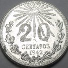 Mexico 1942 20 Centavos Gem Unc Silver~Free Shipping