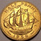 Unc Great Britain 1958 Half Penny~The Golden Hind~Fantastic~Free Shipping